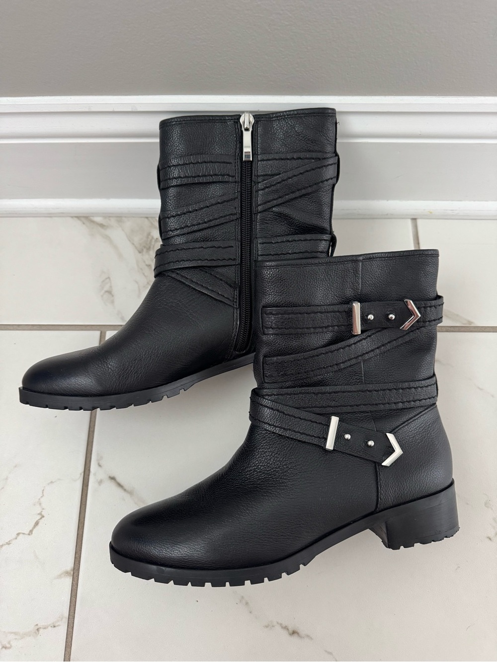 Essex Lane Women's Black Leather Ankle Boots with Buckle Detail